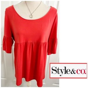 Style & Co, Round Neckline, Babydoll Style, Pleated Waistline Burnt Red Shirt